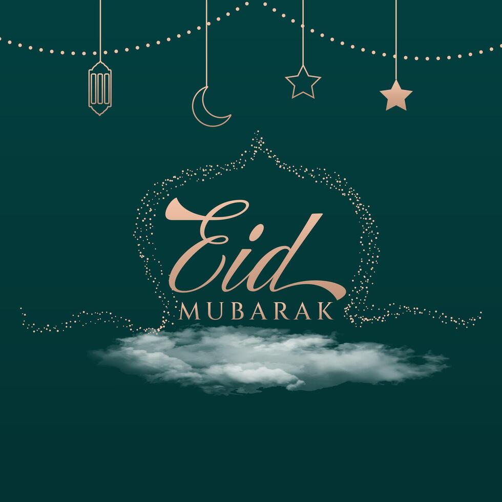 Islamic greetings eid mubarak card design background with glitter mosque, cloud and islamic element. vector
