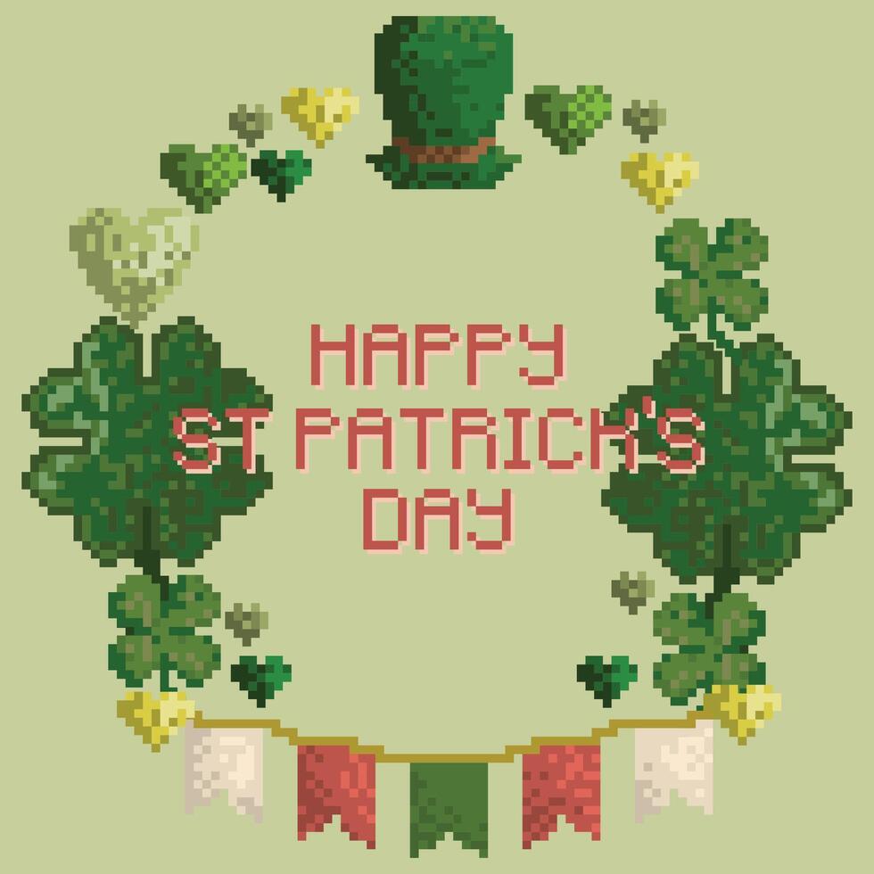 Square vector illustration St Patrick Day greeting card. Wreath of four leaf clovers and flags. Pixel art