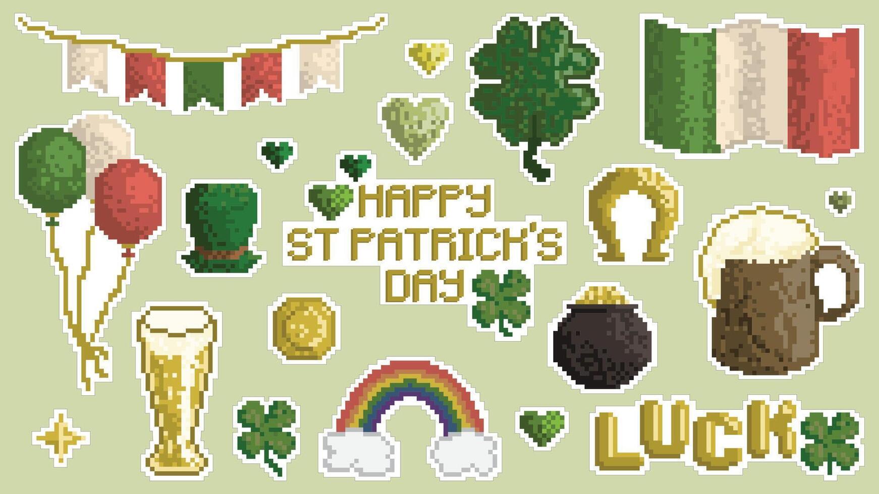 St Patrick Day stickers set. Clover, beer, rainbow, horseshoe, leprechaun hat, flags, balloons. Pixel art vector