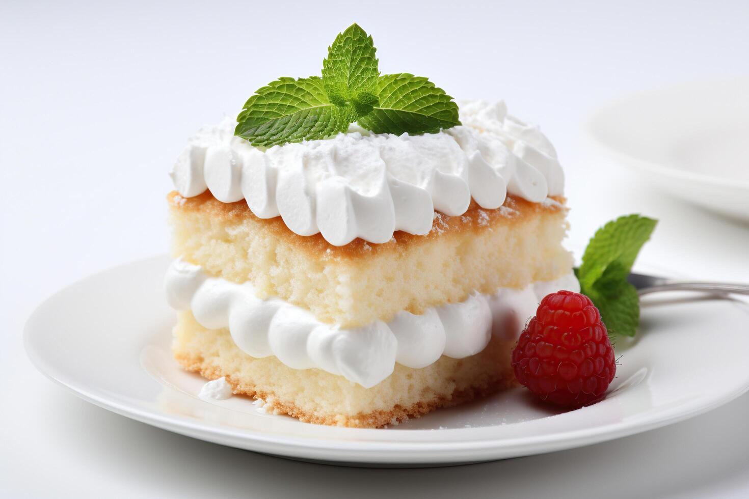 AI generated A piece of white cake with fresh mint and raspberries lies on a plate. Generated by artificial intelligence photo