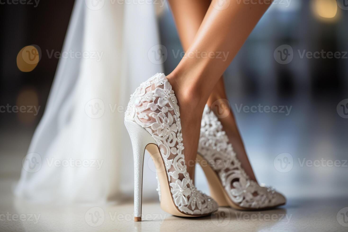 AI generated Legs of the bride in wedding elegant high-heeled shoes. Wedding day concept. Generated by artificial intelligence photo