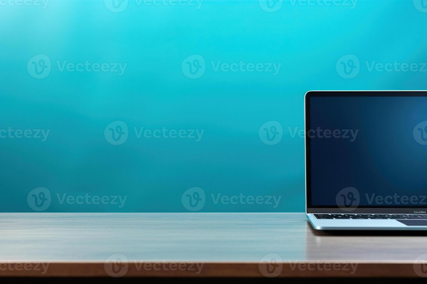 AI generated Horizontal blurred background with a laptop on the right on a wooden table. Generated by artificial intelligence photo