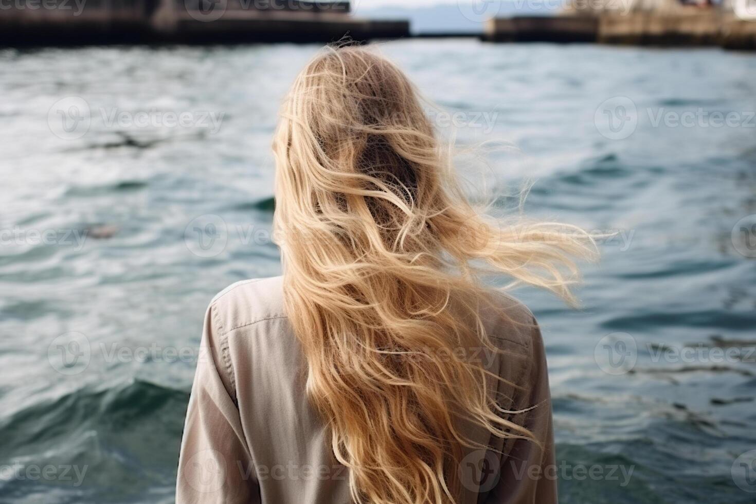 AI generated Rear view of a blonde girl on the shore of a stormy sea. Generated by artificial intelligence photo