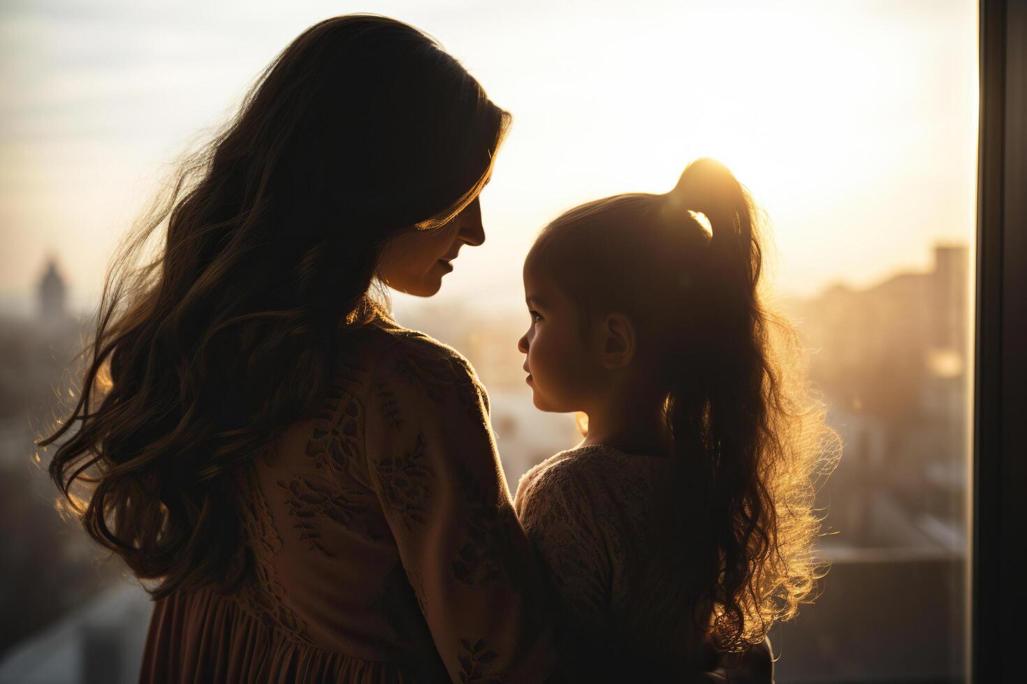 ai generado silueta de madre y hija abrazando cada otro en el puesta de sol ligero. generado por artificial inteligencia foto