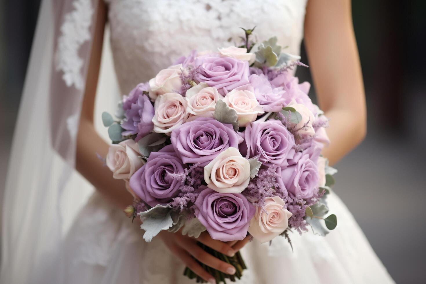 AI generated An elegant bouquet with lilac and white roses in the hands of the bride. Wedding day concept. Generated by artificial intelligence photo
