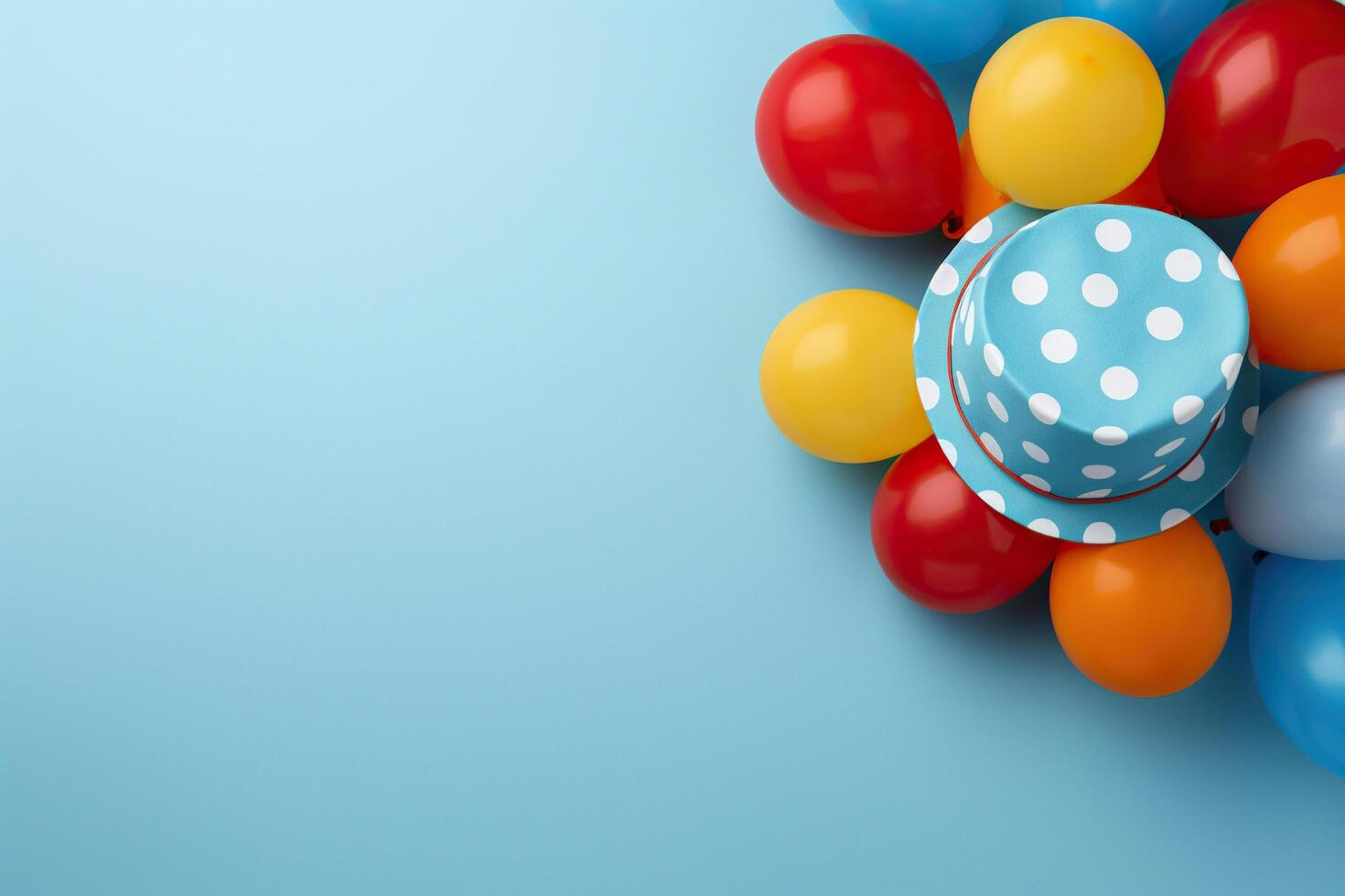 AI generated Clown hat with balloons on a blue background. April Fool's Day. Generated by artificial intelligence photo