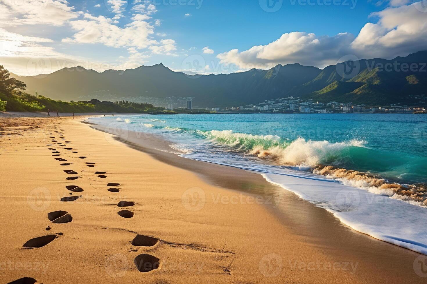 AI generated Footprints in the sand along the seashore near the mountains. Vacation concept. Generated by artificial intelligence photo