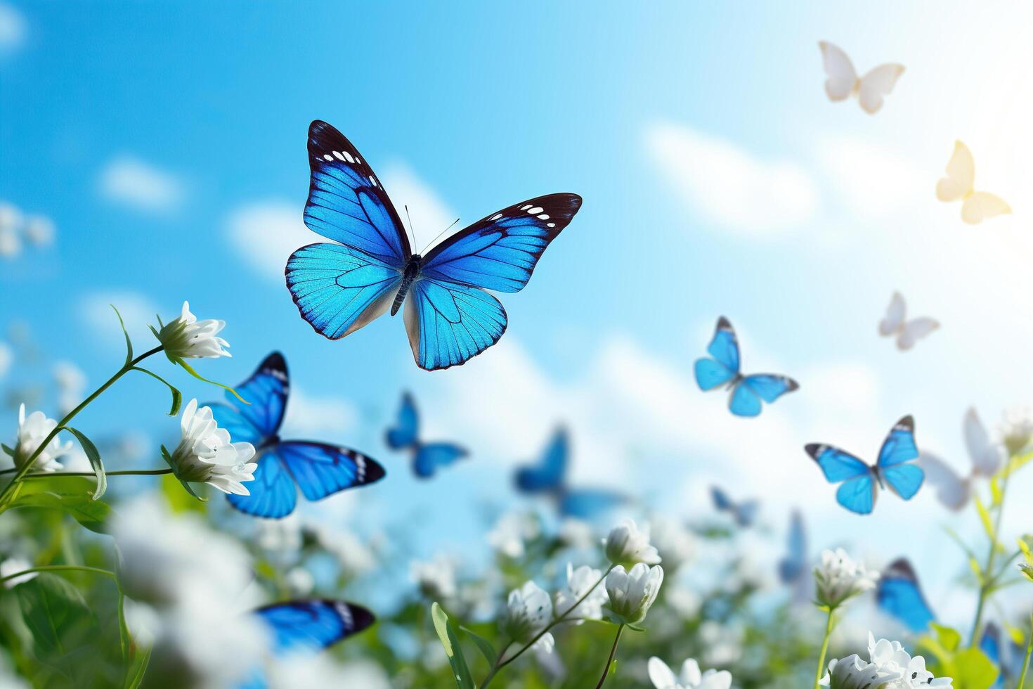 AI generated Close-up of a blue butterfly fluttering over a chamomile field. Generated by artificial intelligence photo