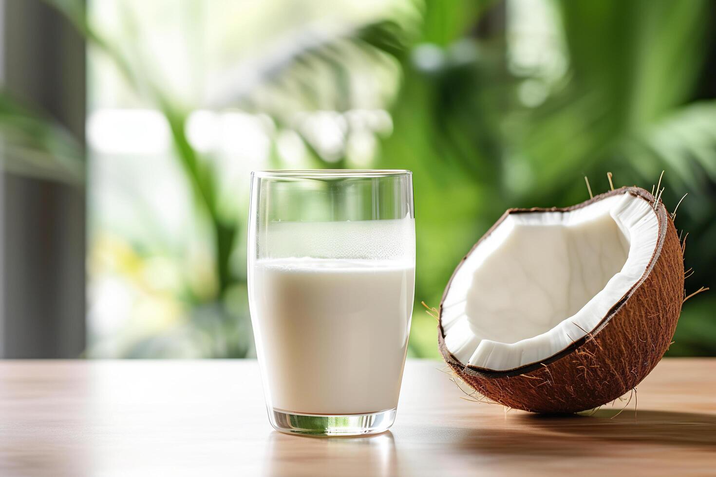 AI generated A glass of coconut milk with half a coconut nearby on a wooden kitchen countertop. Generated by artificial intelligence photo