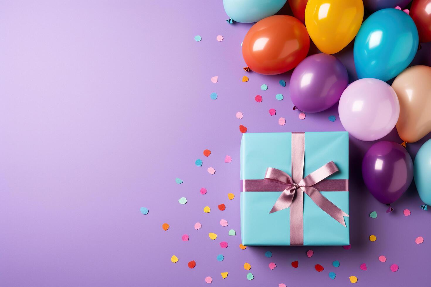 AI generated Gift box with ribbon and balloons on a purple background, top view. Generated by artificial intelligence photo