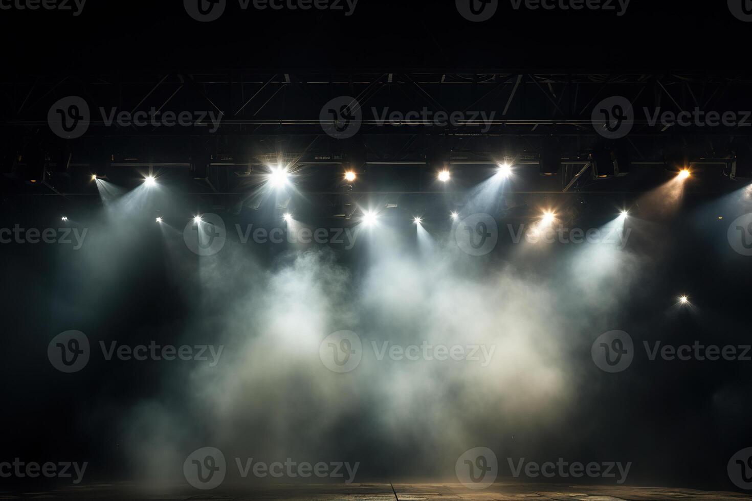 AI generated Empty space in the bright rays of spotlights and puffs of smoke. Generated by artificial intelligence photo