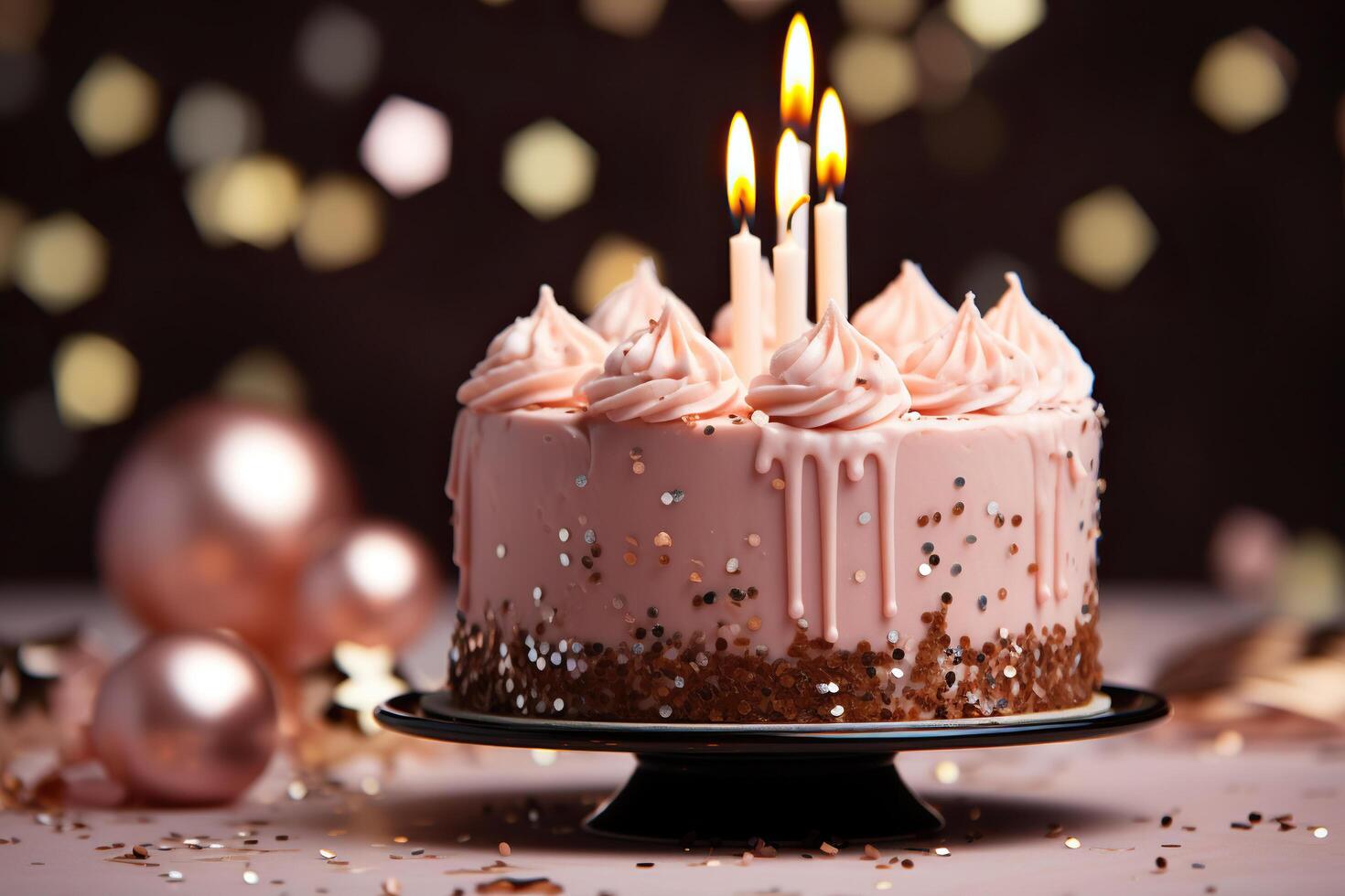 AI generated Festive cake decorated with cream and sparkles with candles on the festive table. Generated by artificial intelligence photo