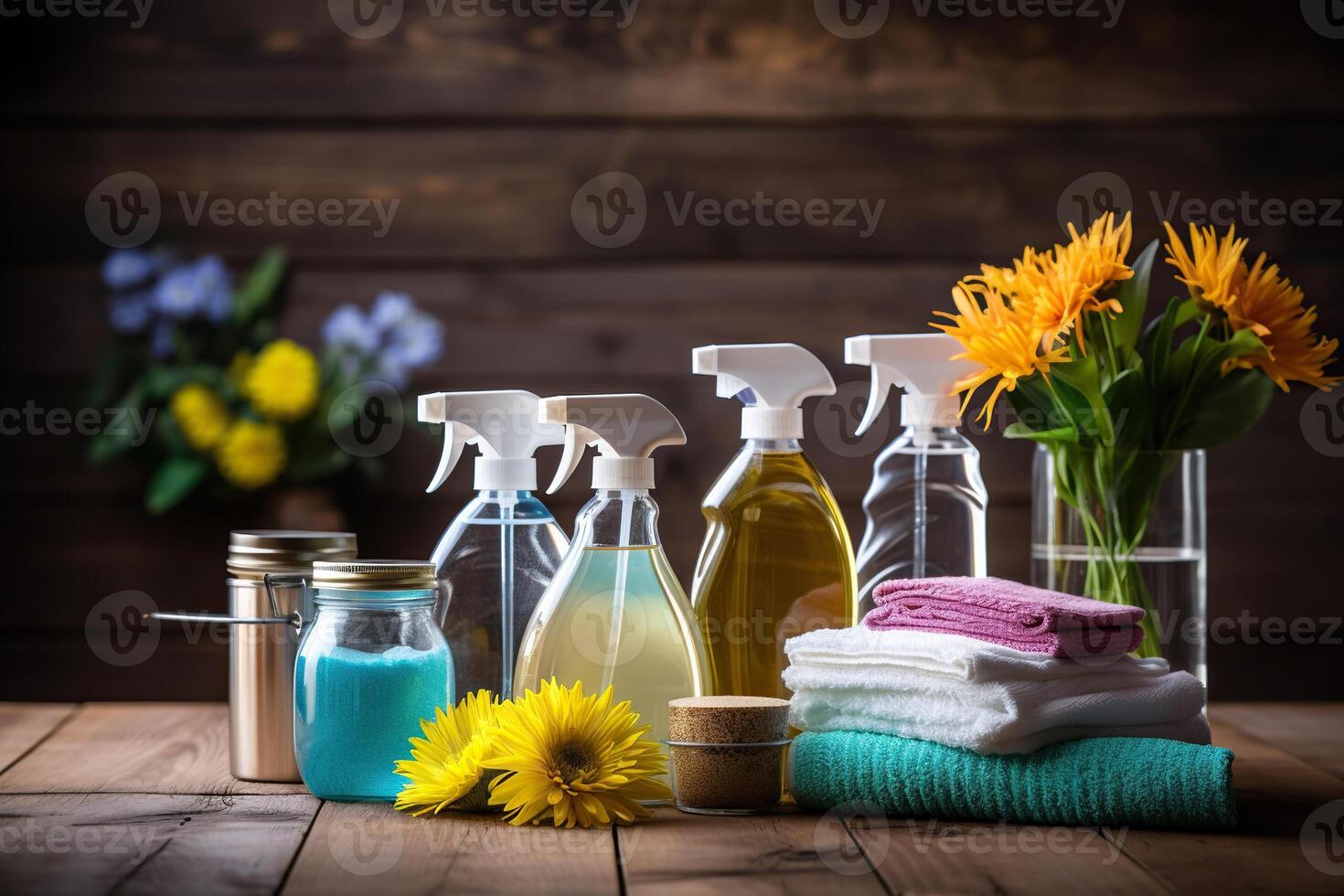 AI generated Various bottles with cleaning products and a stack of cleaning wipes on a wooden background. Generated by artificial intelligence photo