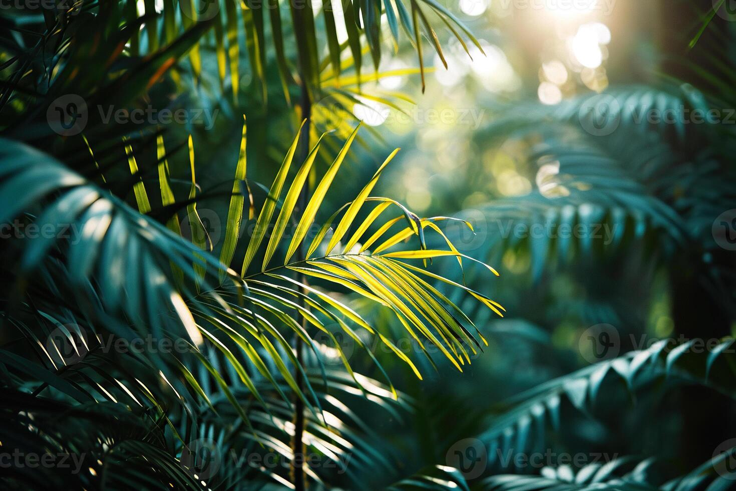 AI generated Beautiful summer view of green tropical leaves in sunlight. Generated by artificial intelligence photo