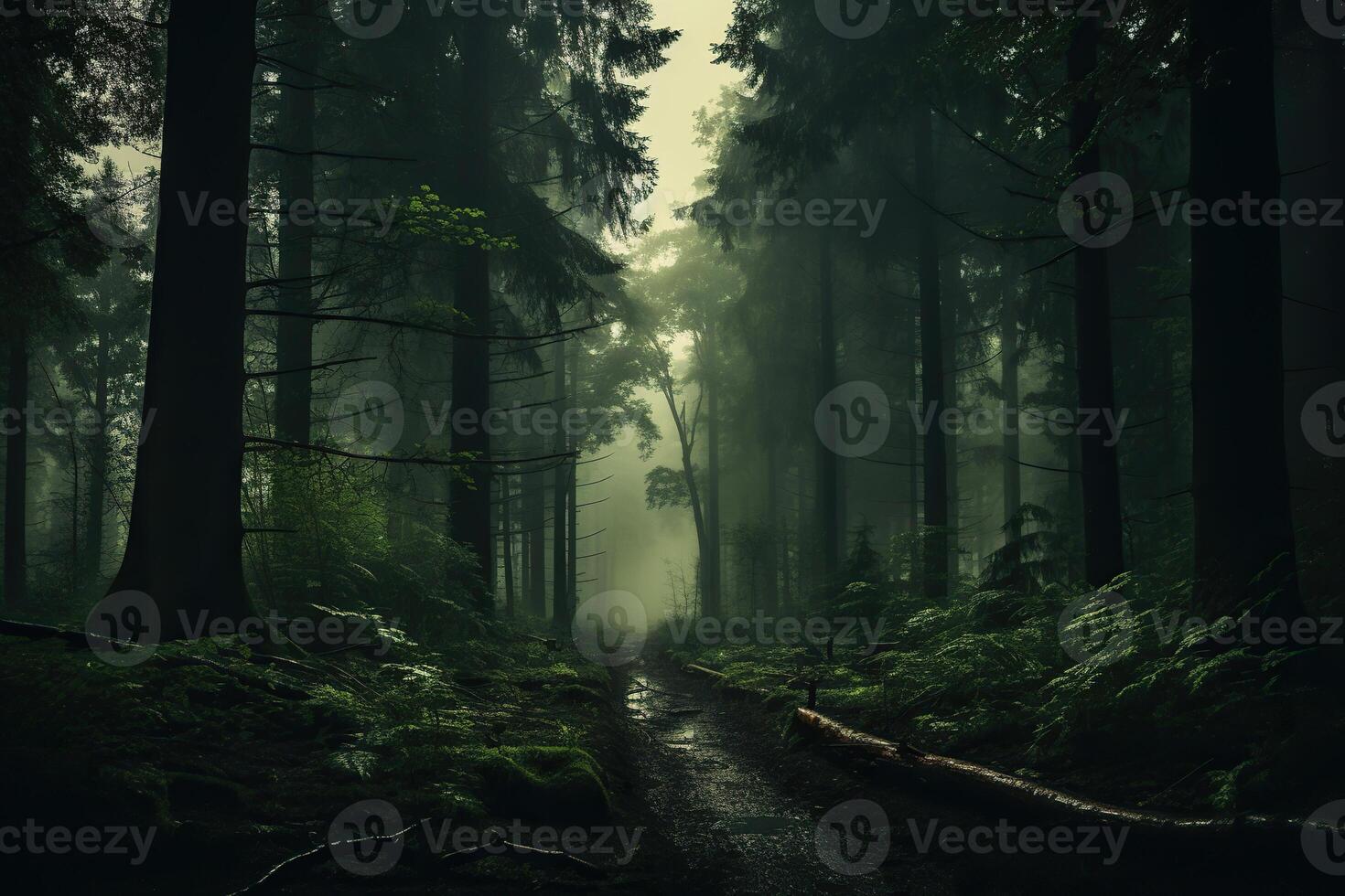 AI generated A path in the middle of a dense foggy forest. Generated by artificial intelligence photo
