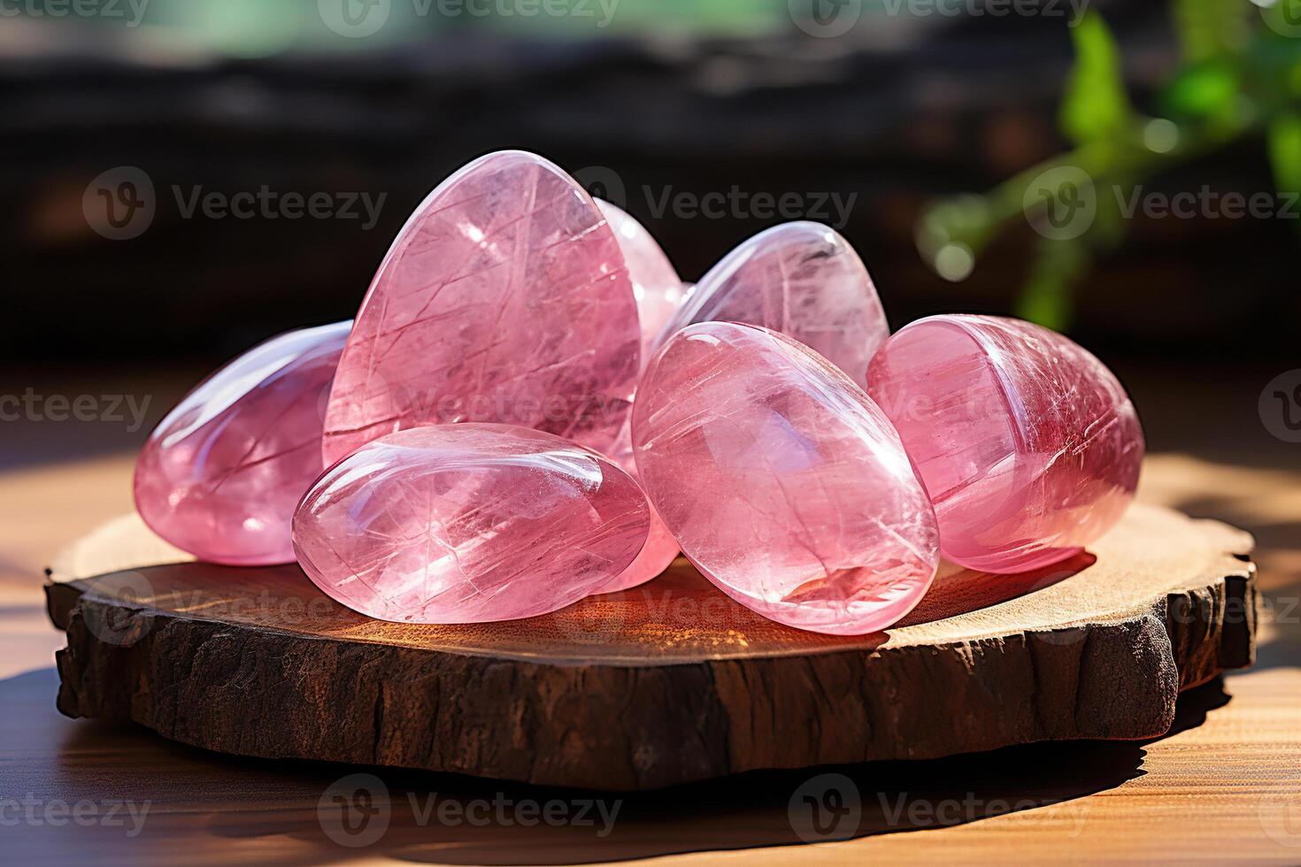 AI generated A pile of rose quartz stones on a wooden stand. Minerals. Generative AI photo
