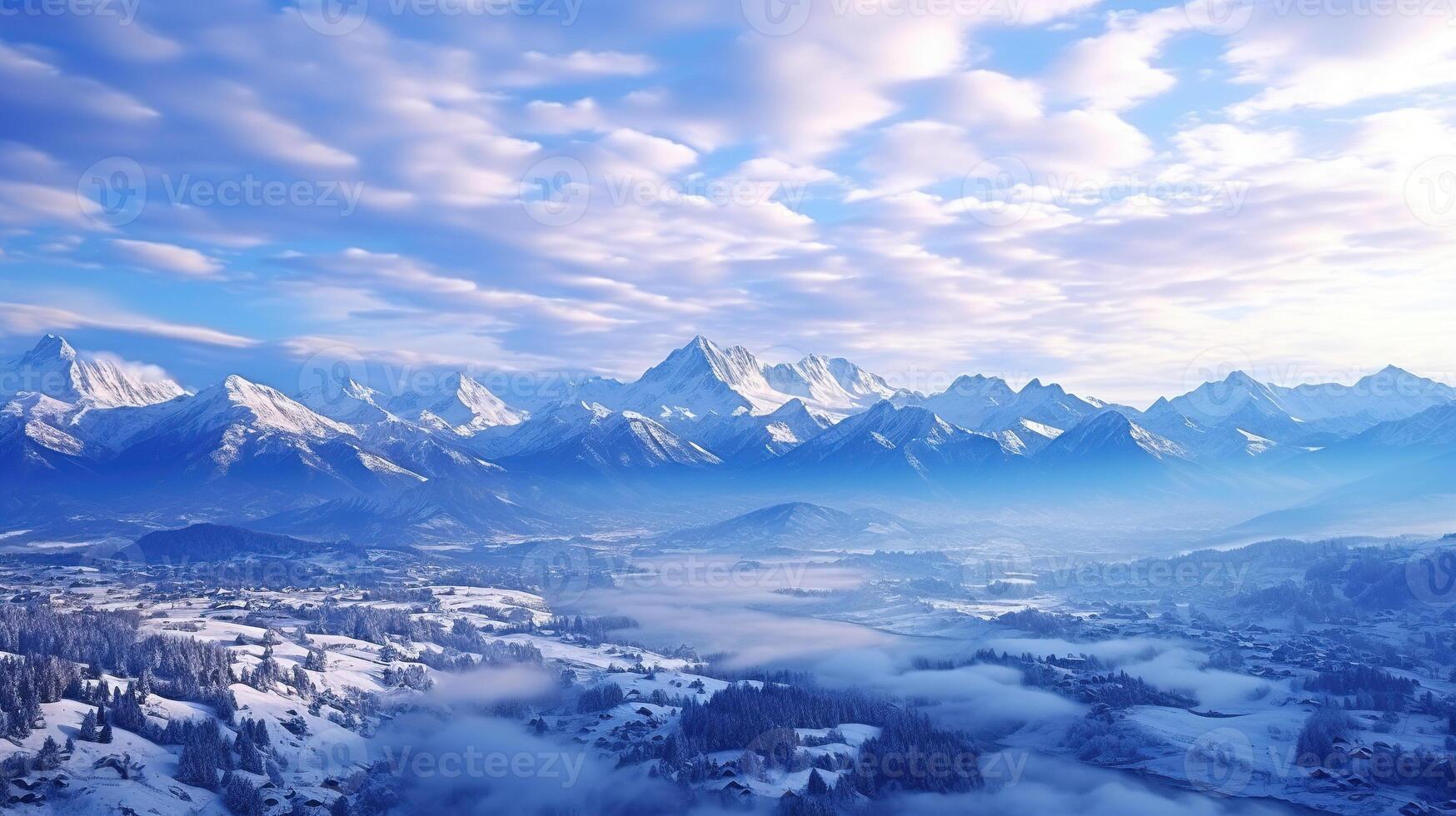 ai generado aéreo ver de el picos de nevadas montañas. generado por artificial inteligencia foto