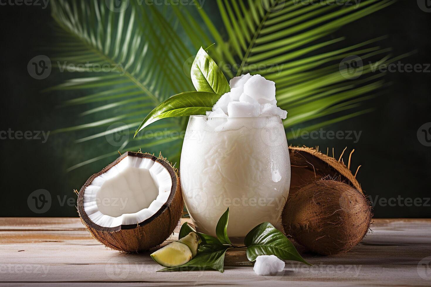AI generated Healthy coconut smoothie in a glass on a wooden table with coconut halves nearby. Generated by artificial intelligence photo