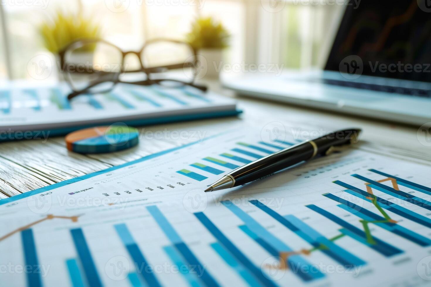 AI generated Strategic Financial Planning Printed Graphs and Laptop Analysis photo