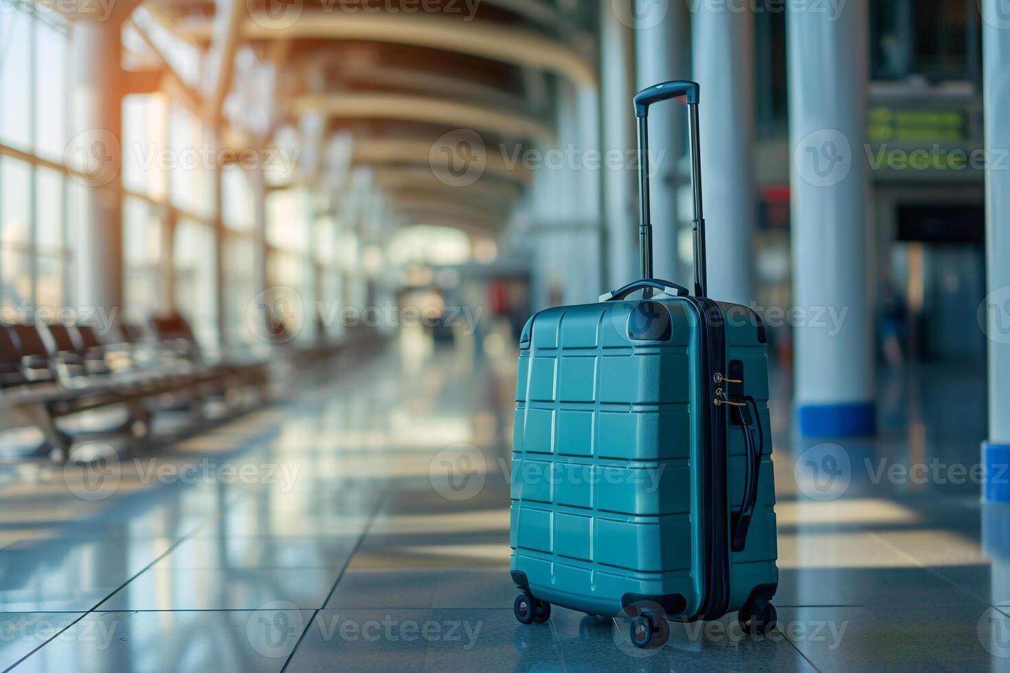 AI generated Colorful Suitcases Lined Up at the Airport Terminal photo