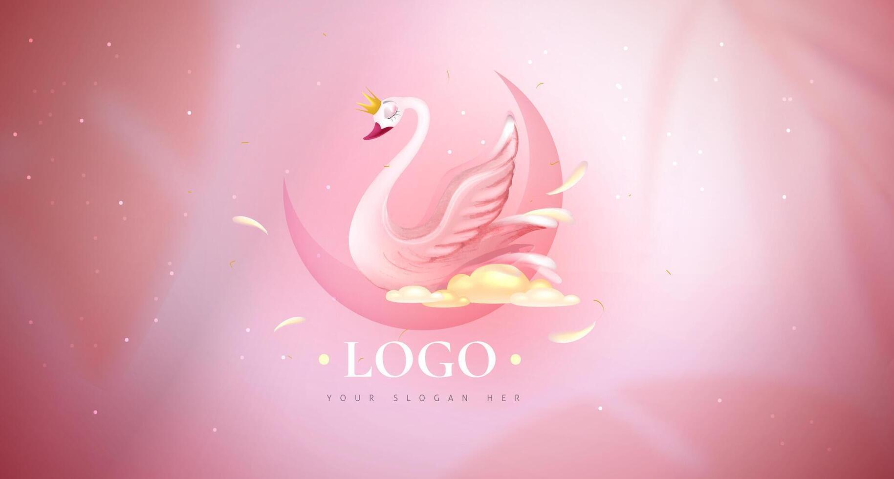 Elegant pink swan. Logo. Stars and crescent . Transparent shadow effect. Shadows from leaves. Vector illustration . Eps 10