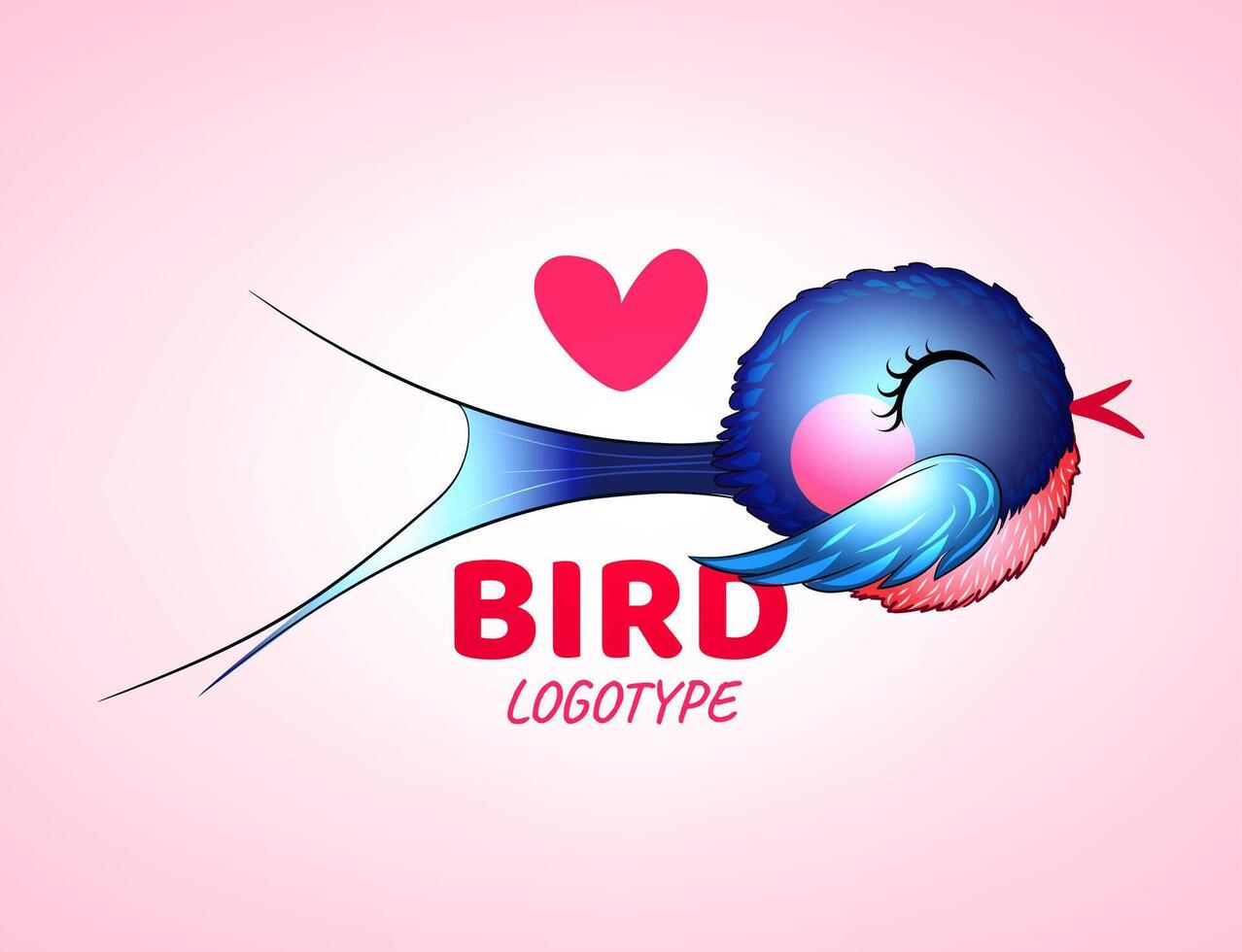 Vector flat logo of a bird on a pink background with a heart. Cute cartoon blue bird . Eps 10