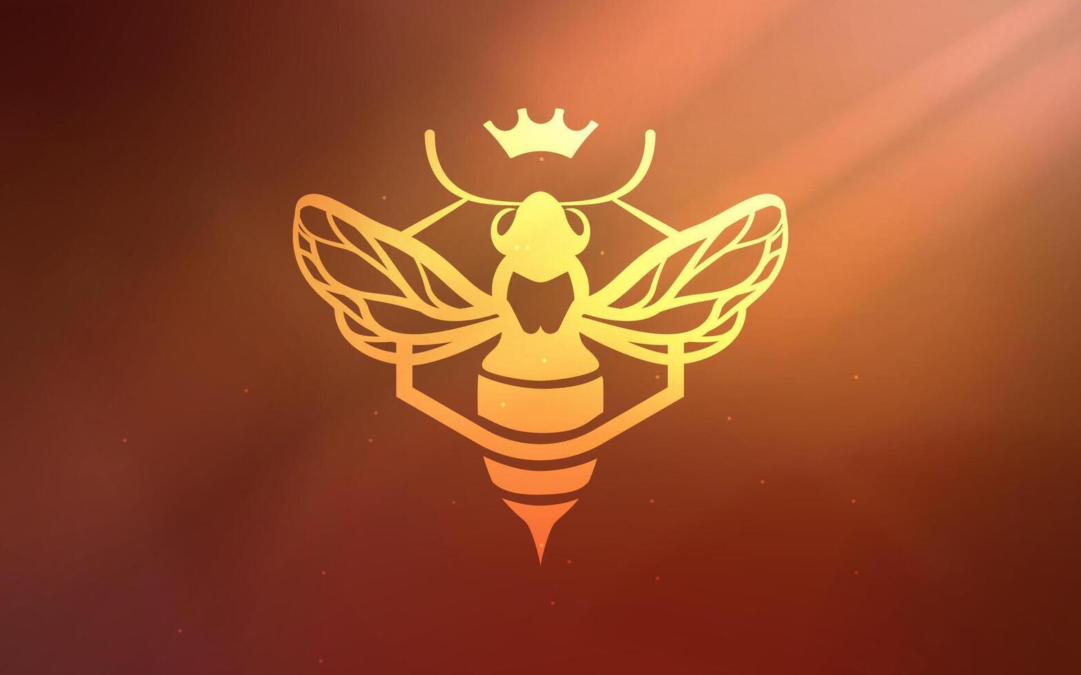 Gold bee logo with a crown  and rays of light. Transparent shadow effect. Shadows from leaves. Vector illustration . Eps 10