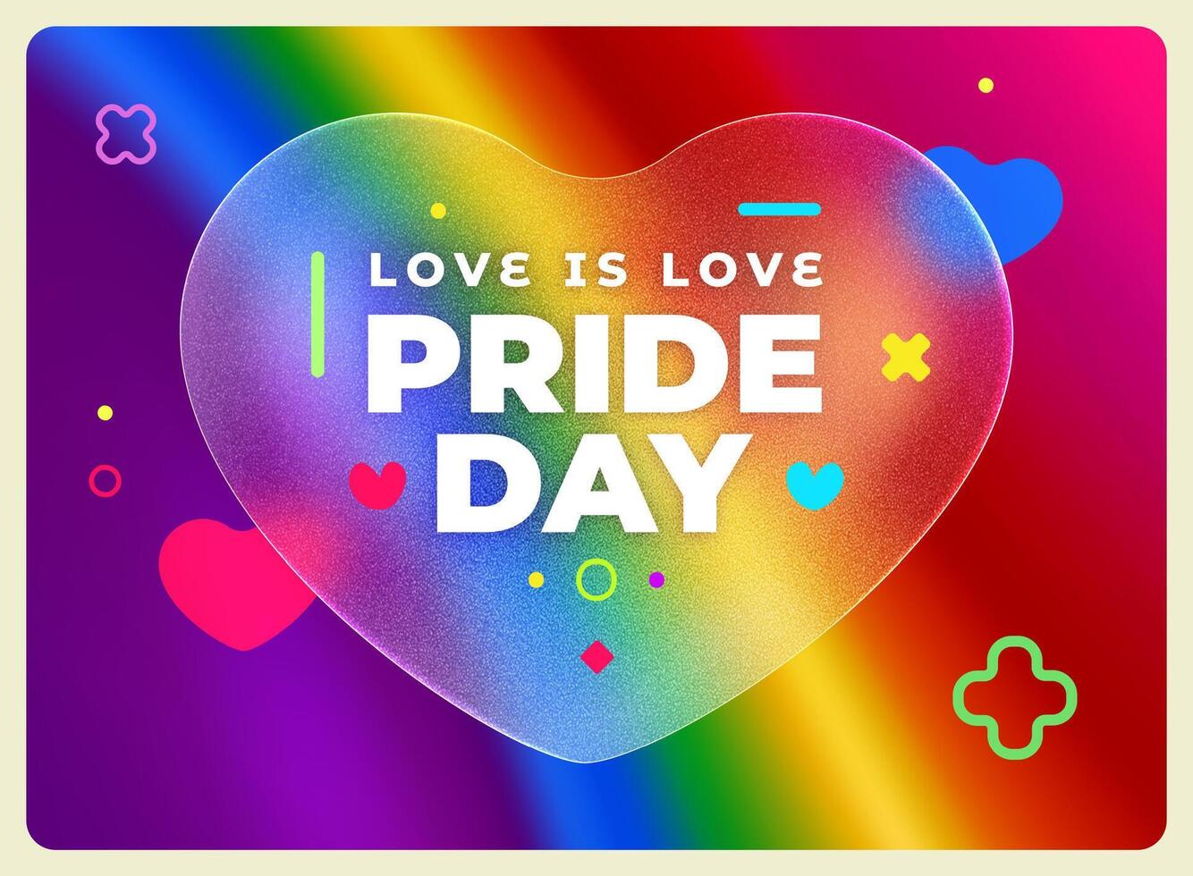 Pride day. Colorful  glass morphism in the shape of a heart. Vector illustration . Eps 10
