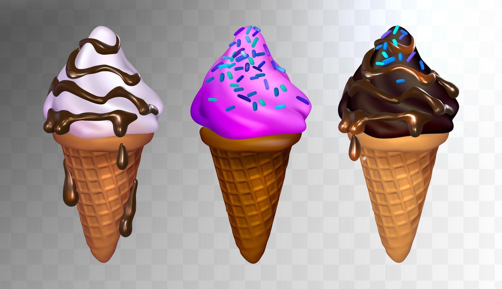 3d colorful set of ice cream in waffle cones. Vector eps 10 3d colorful set of ice cream in waffle cones. Vector eps 10 3d colorful set of ice cream in waffle cones. Vector eps 10