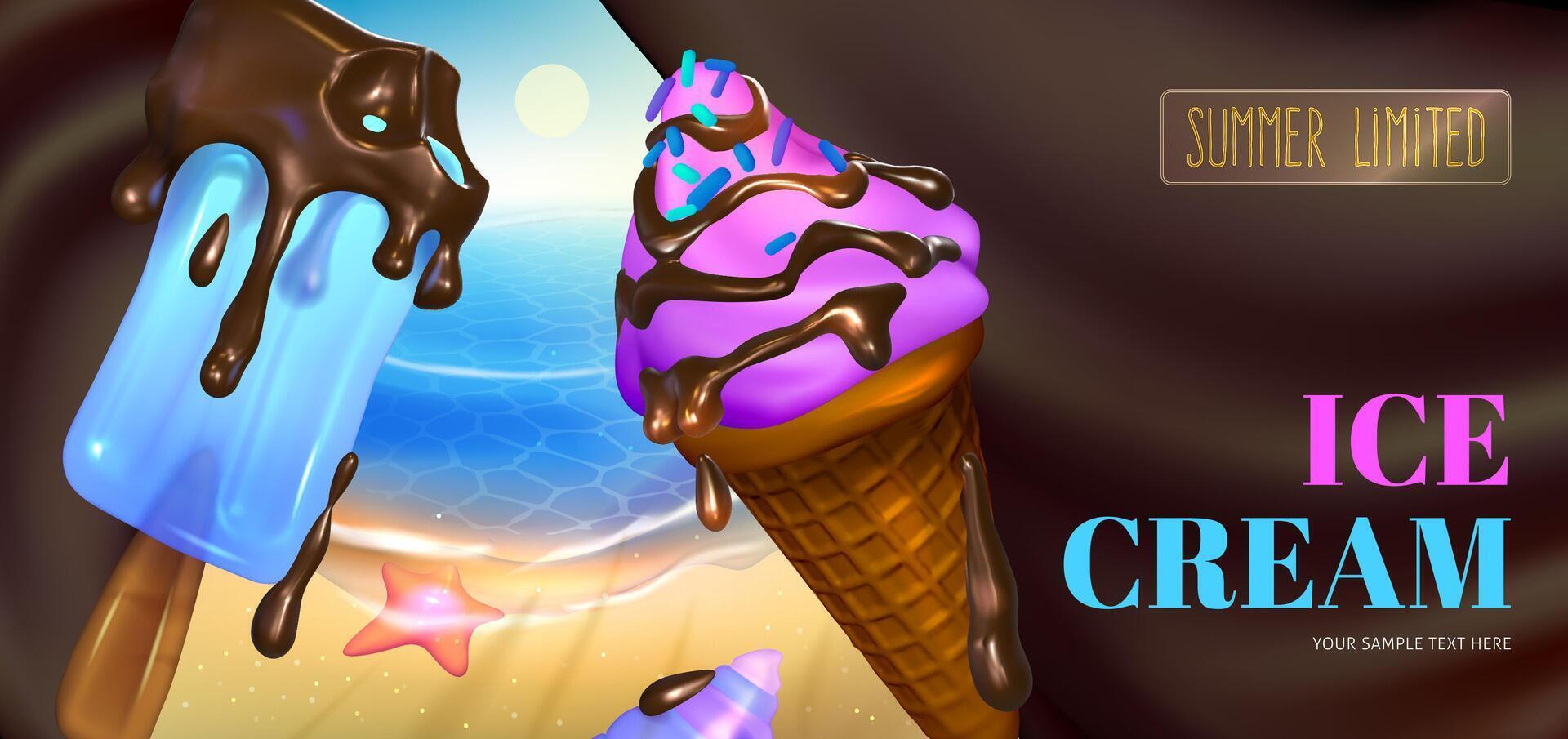 Colorful vector ice cream advertising composition. Realistic 3d design in cartoon style. Eps 10