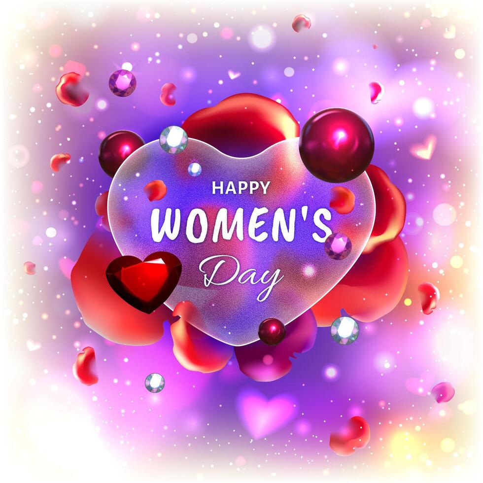 Happy Women's Day. Colorful  glass morphism in the shape of a heart.Greeting card with hearts. Vector illustration. Eps 10