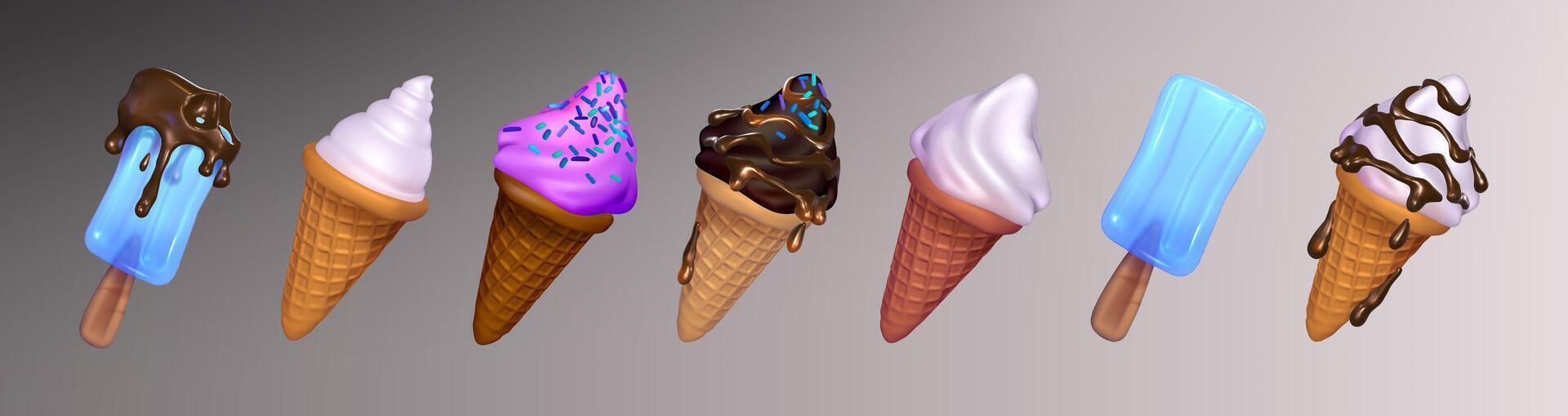 Set of ice cream in waffle cones and on sticks with chocolate and vanilla. 3d illustration. Vector eps 10