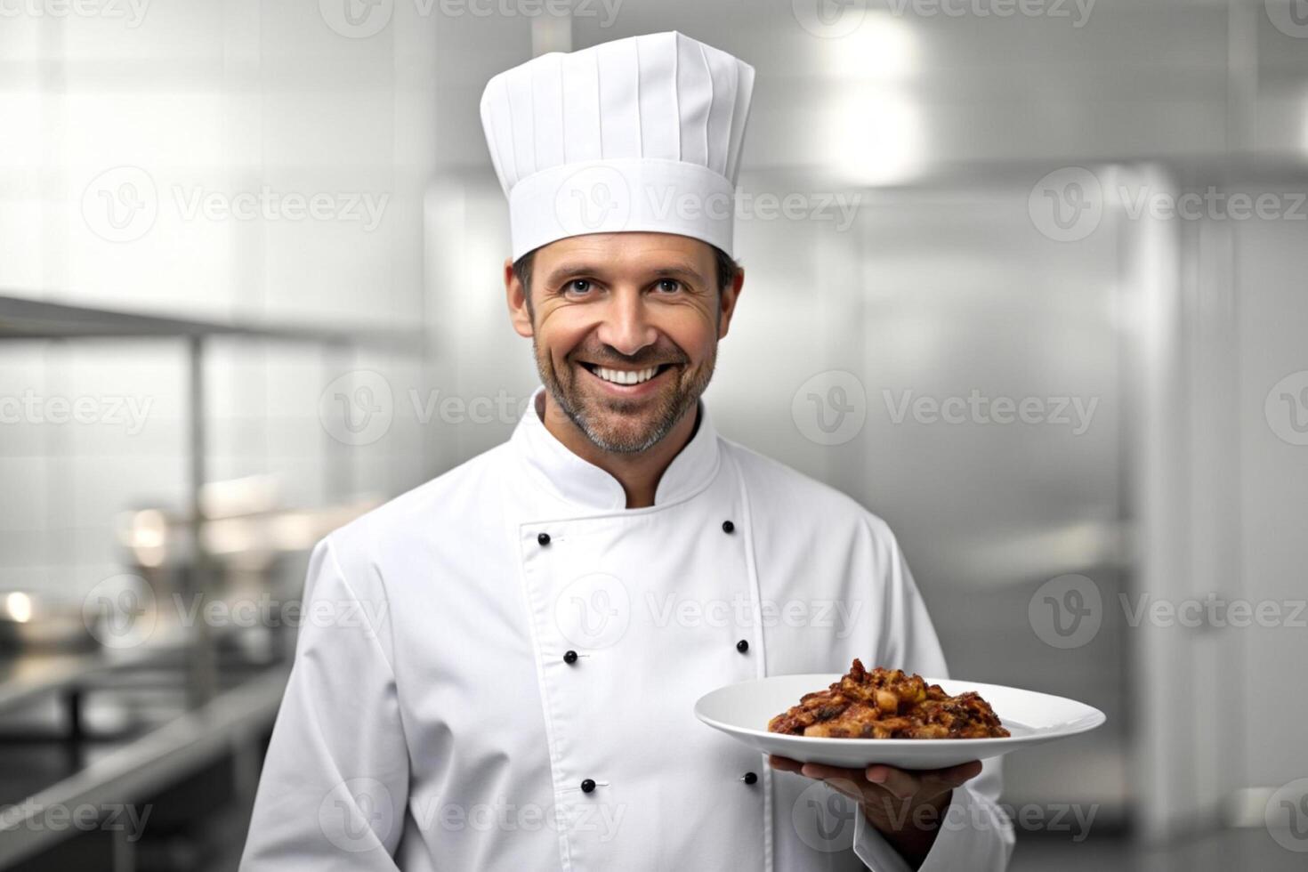 ai generado sonriente cocinero en su cocina foto