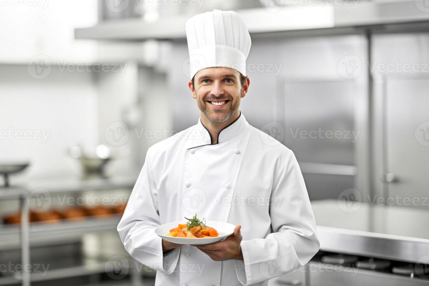 AI generated Smiling chef in his kitchen photo