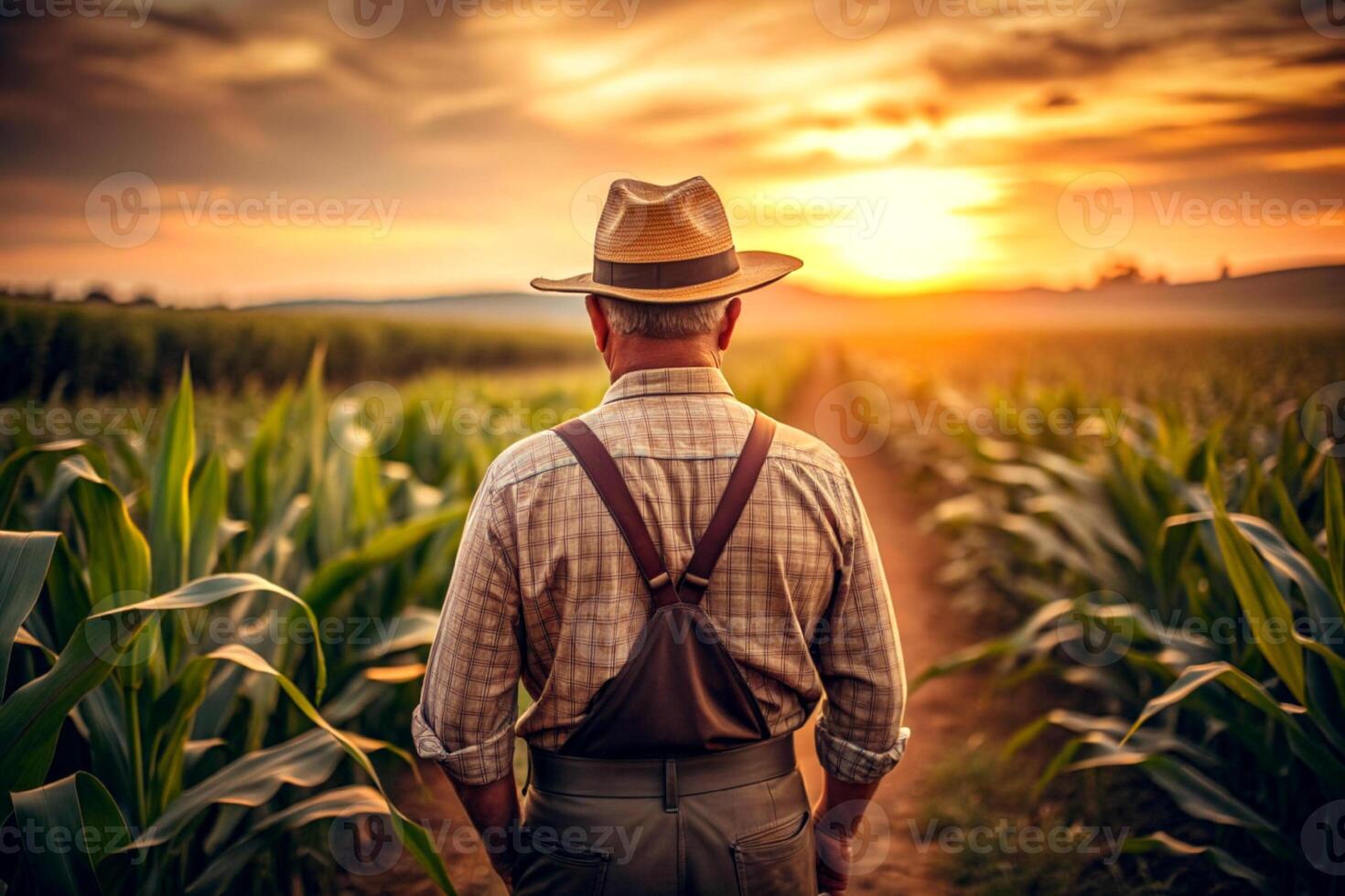 AI generated Rear view of senior farmer standing in corn field examining crop at sunset. photo