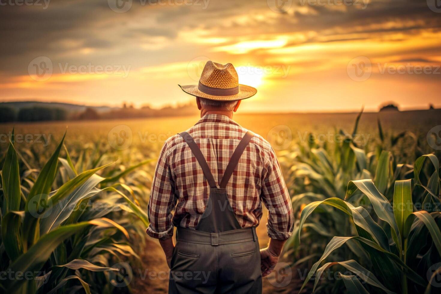 AI generated Rear view of senior farmer standing in corn field examining crop at sunset. photo