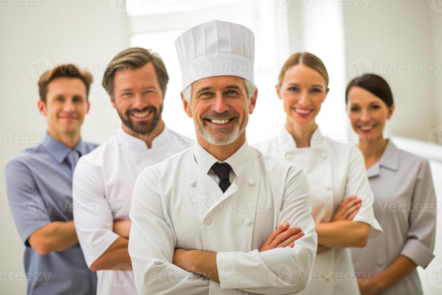 AI generated happy Smiling chef's team in his kitchen photo