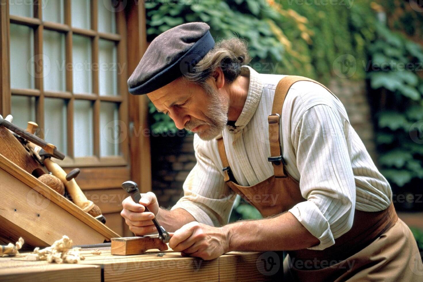 AI generated Carpenter working on woodworking machines in carpentry shop. man works in a carpentry shop. photo