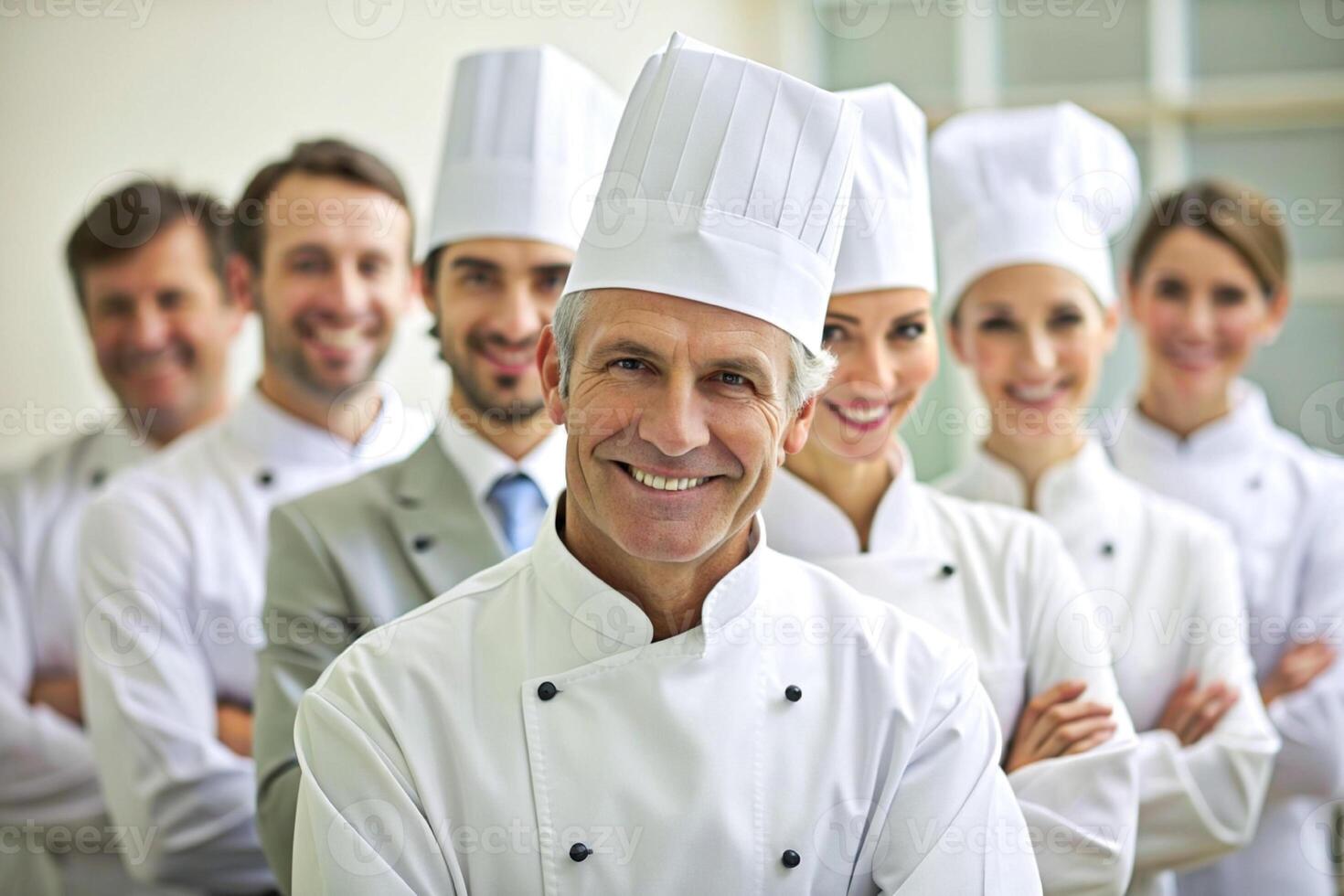 AI generated happy Smiling chef's team in his kitchen photo