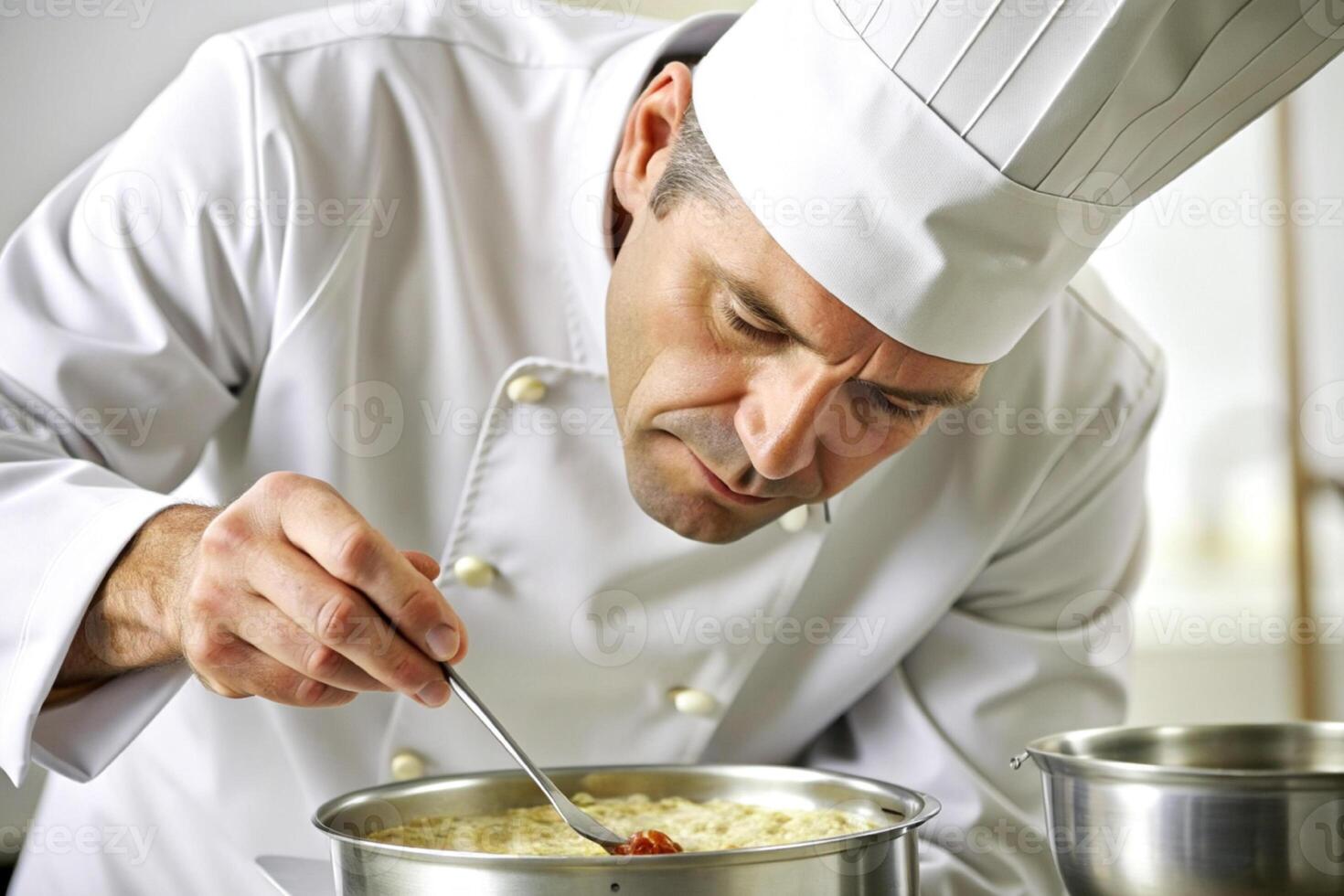 AI generated Chef in hotel or restaurant kitchen cooking, only hands, he is working on the sauce photo