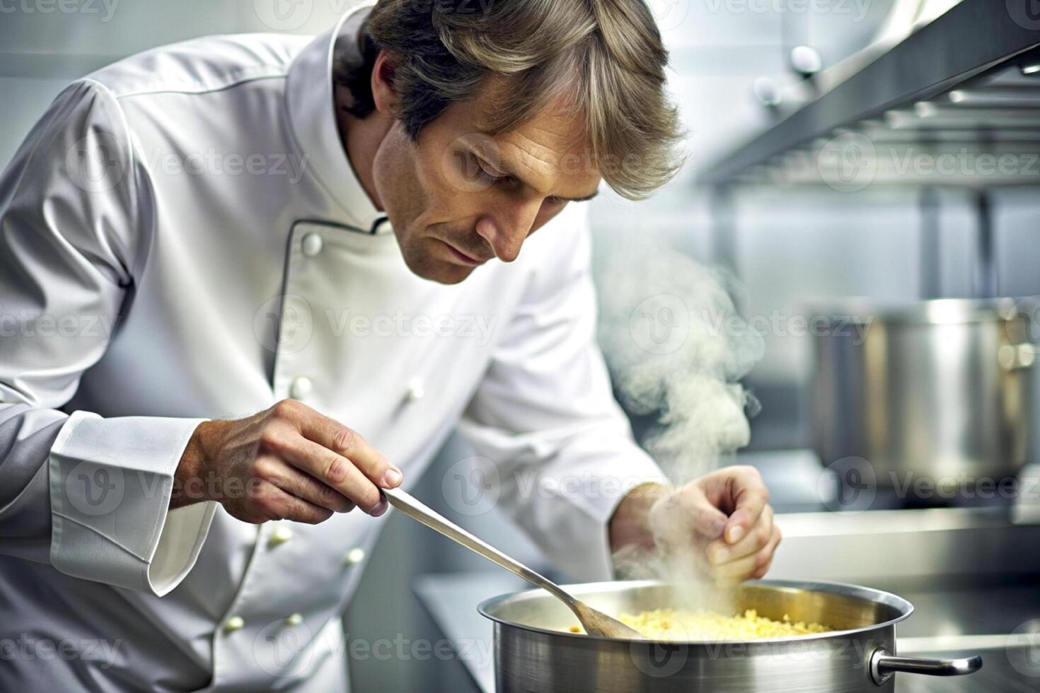 AI generated Chef in hotel or restaurant kitchen cooking, only hands, he is working on the sauce photo