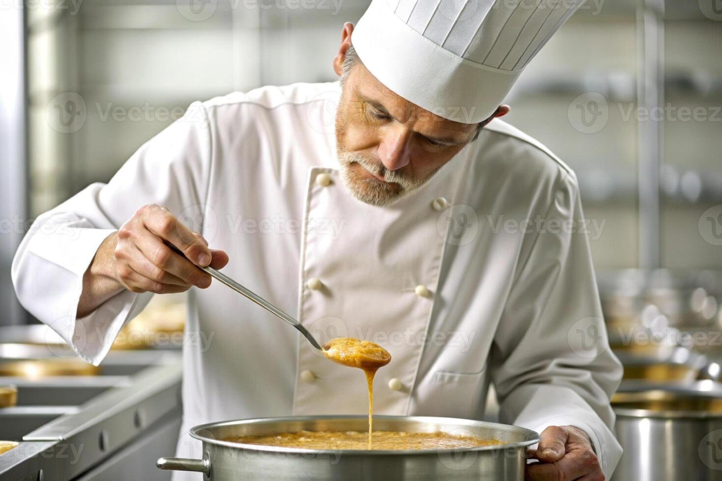 AI generated Chef in hotel or restaurant kitchen cooking, only hands, he is working on the sauce photo