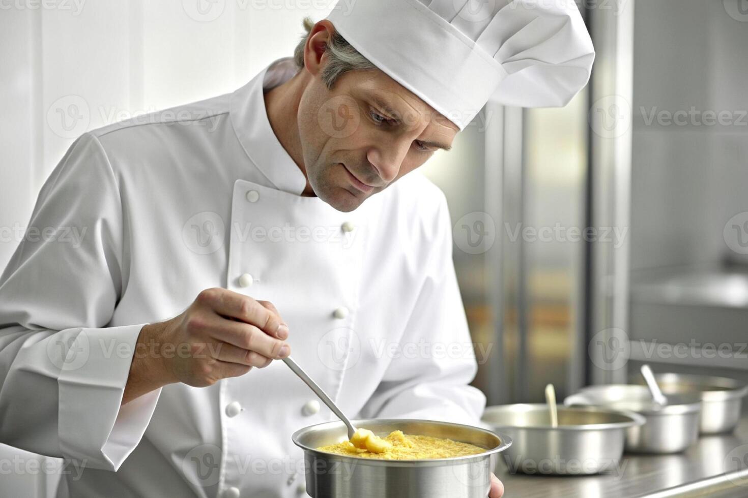 AI generated Chef in hotel or restaurant kitchen cooking, only hands, he is working on the sauce photo