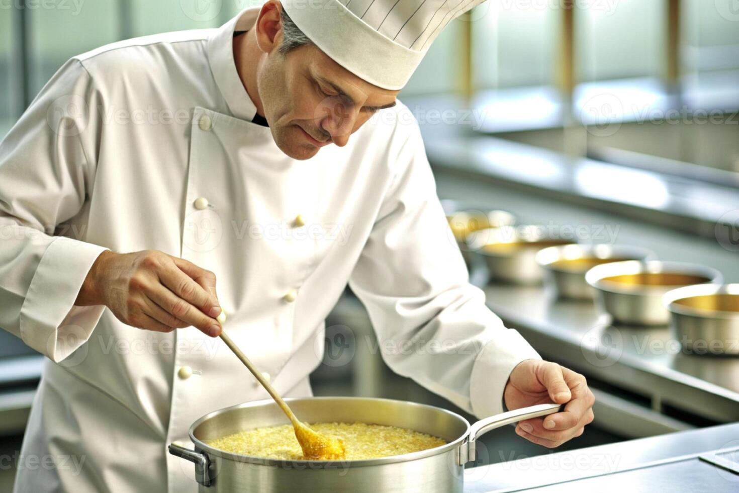 AI generated Chef in hotel or restaurant kitchen cooking, only hands, he is working on the sauce photo
