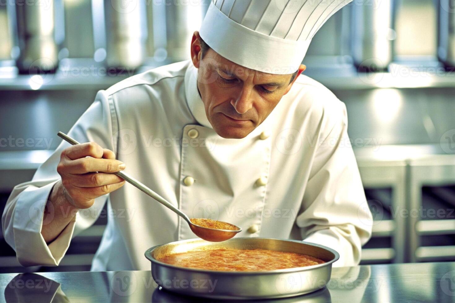 AI generated Chef in hotel or restaurant kitchen cooking, only hands, he is working on the sauce photo