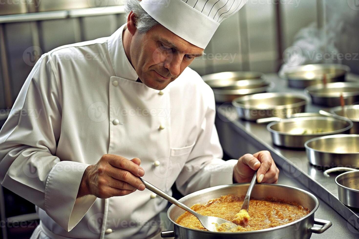 AI generated Chef in hotel or restaurant kitchen cooking, only hands, he is working on the sauce photo