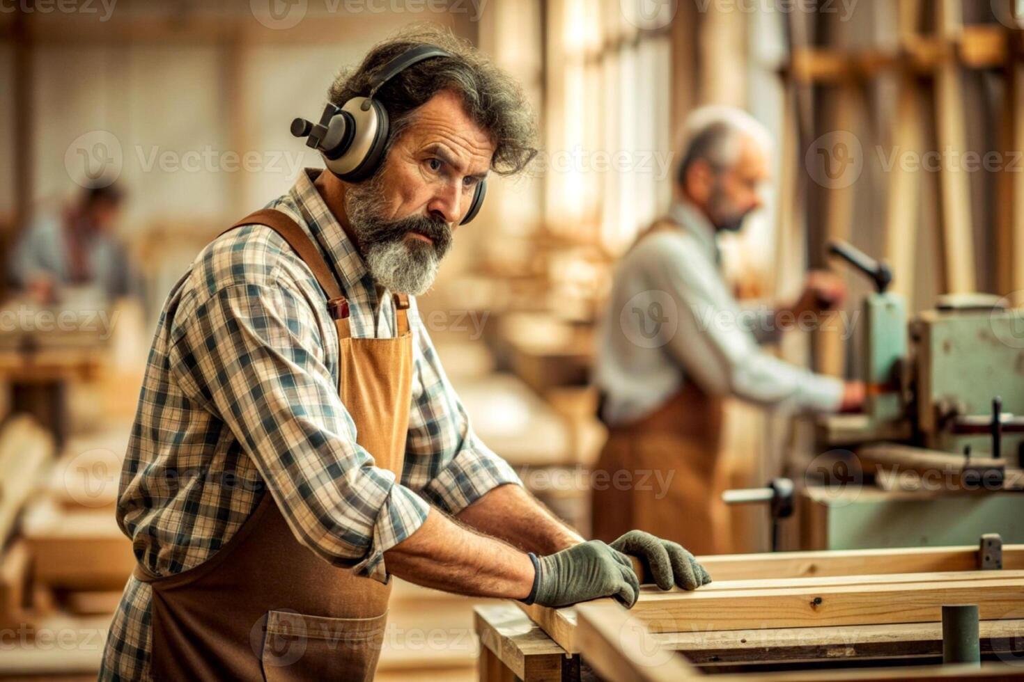 AI generated Carpenter working on woodworking machines in carpentry shop. man works in a carpentry shop. photo