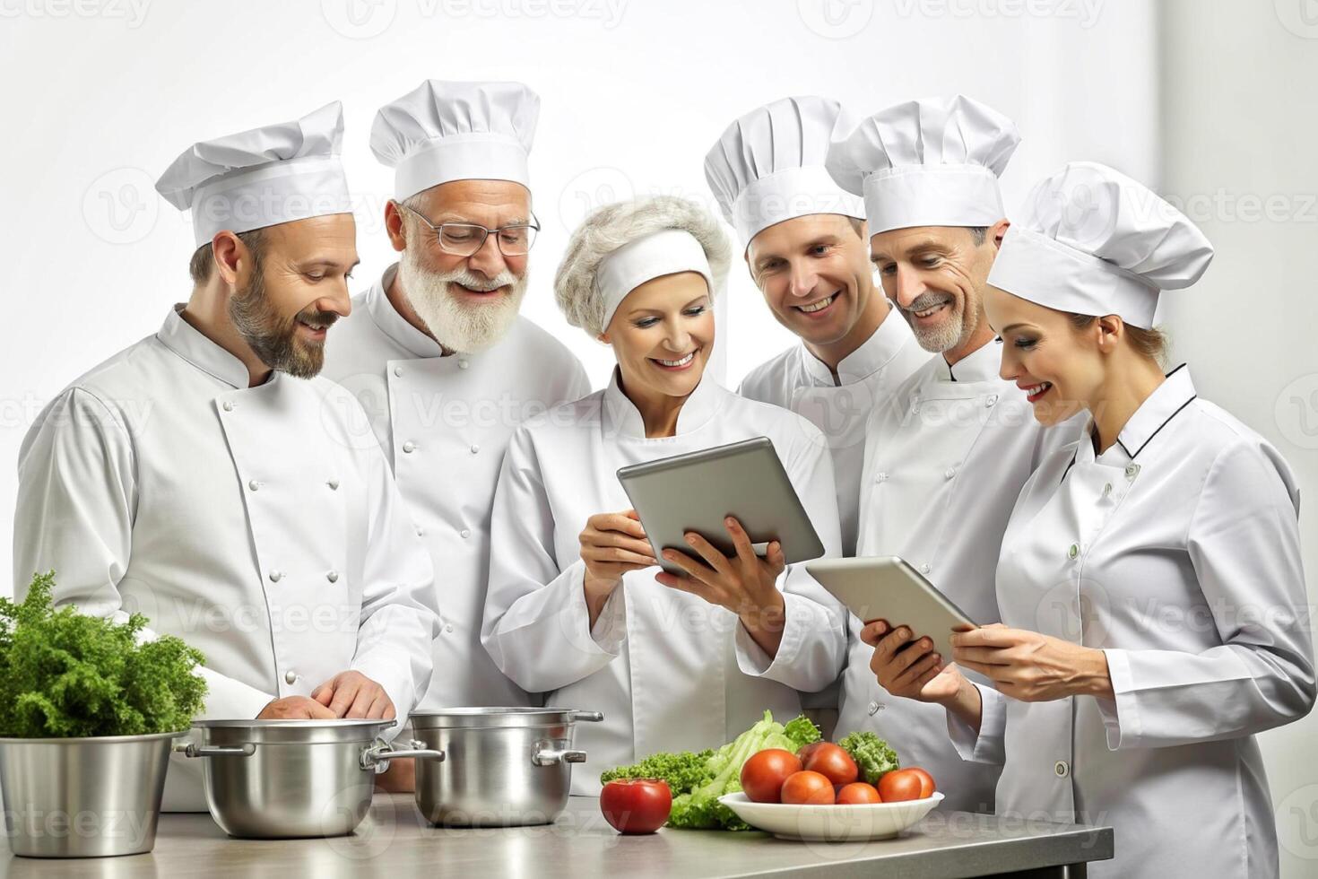 AI generated Modern Kitchen Team Cooks Tablet photo