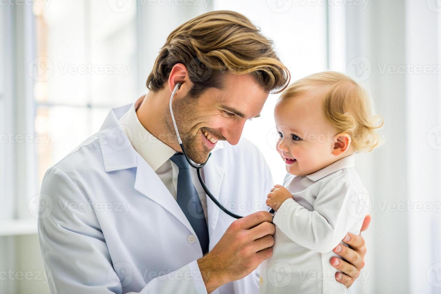 AI generated Happy male doctor examining baby boy photo