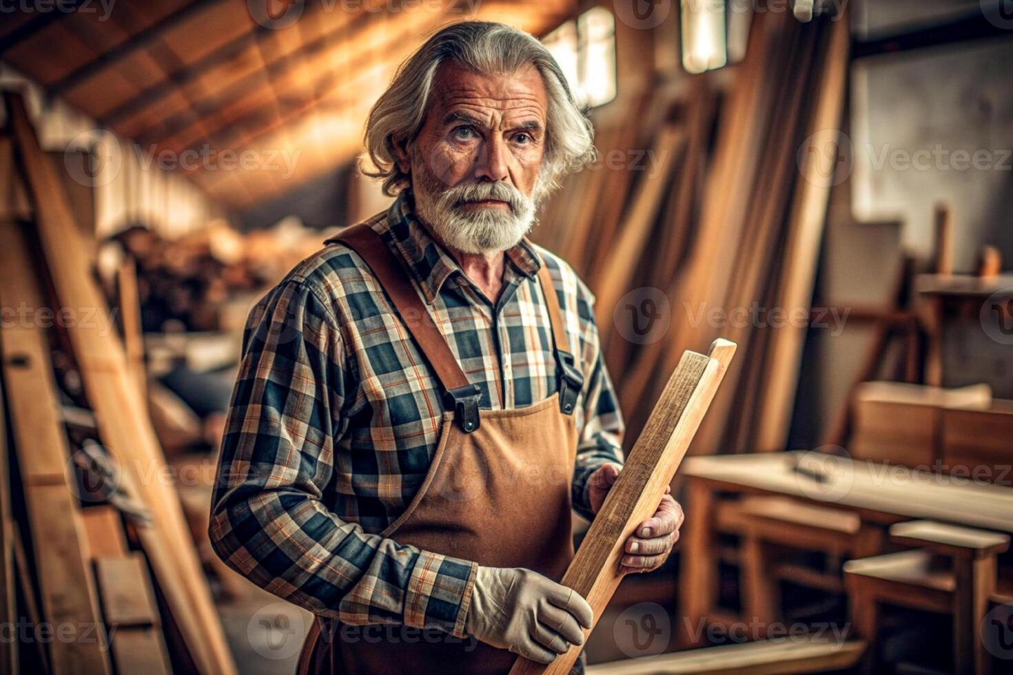 ai generado mayor masculino carpintero participación madera foto